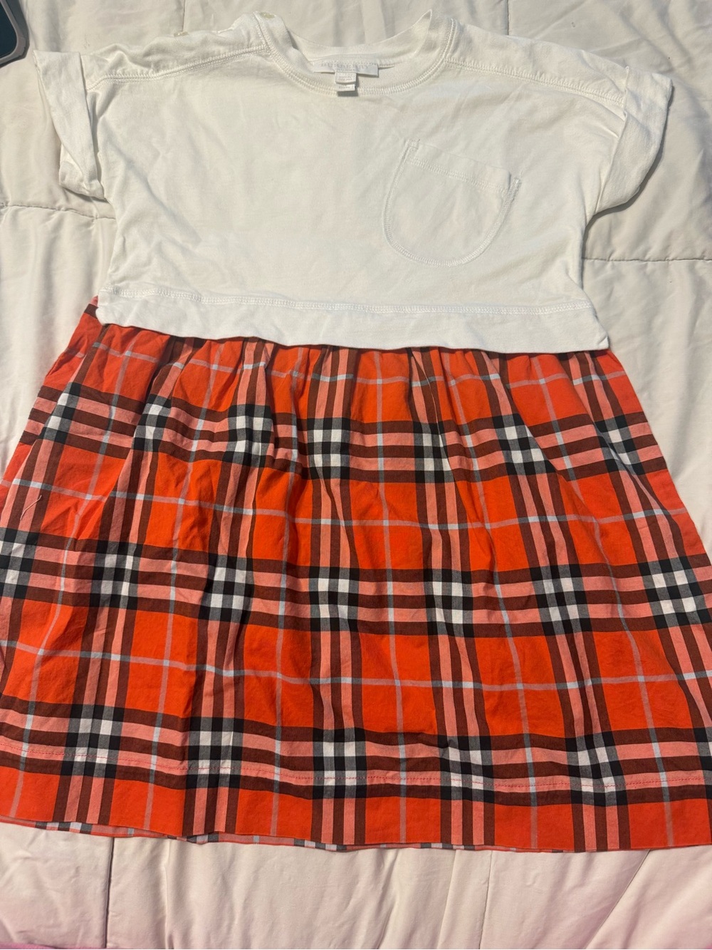 Burberry White Top with Orange Plaid Skirt